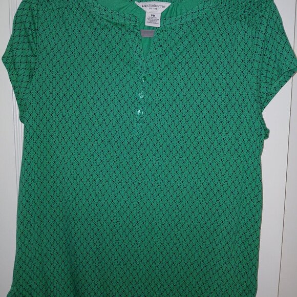 LIZ CLAIBORNE GREEN AND BLACK TOP, DIAMOND DESIGN, CAP SLEEVE, SIZE MED PETITE - Picture 3 of 6